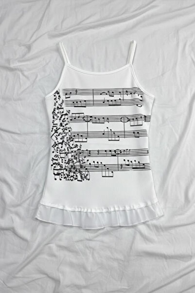 Gofeel Beyaz Nota Desenli Y2K Askılı Crop