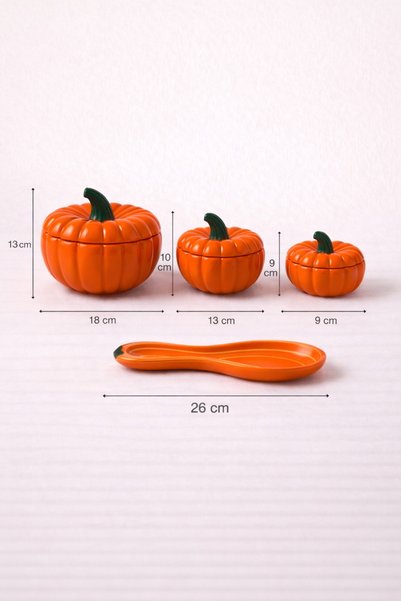 MİS KİTCHEN Decorative Pumpkin Model Spice Rack Set 3 Piece Ceramic Jar + Pumpkin Model Spoon Holder