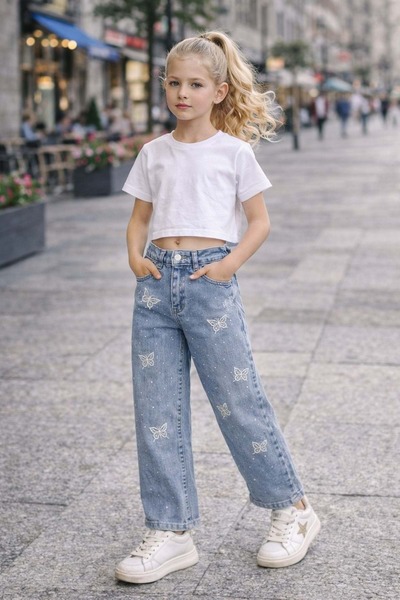 Lolliboomkids Pantaloni din denim albastru deschis cu picior larg, cu broderi...