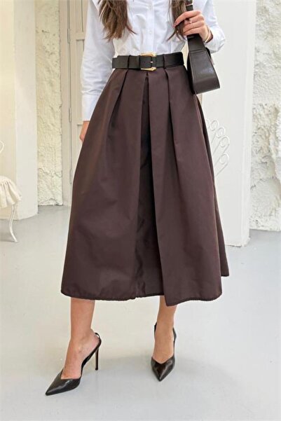 Dipmoda Fustă maro pentru femei cu pliuri detaliu la curea A croială lungime ...