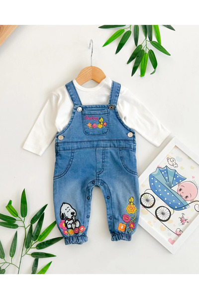 hümabebe Baby Snoppy Embroidered Girls' Denim Overalls