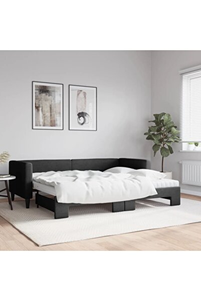 Concept Pat de zi cu extensie și saltele, negru, 80x200 cm, textil