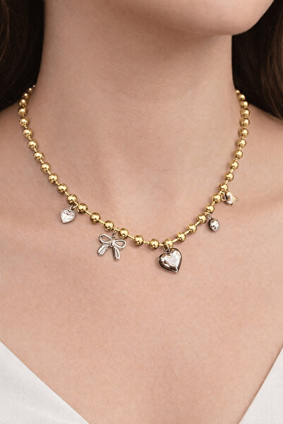 TAKIŞTIR Gold Color Ball Chain Detail Mixed Charms Steel Necklace