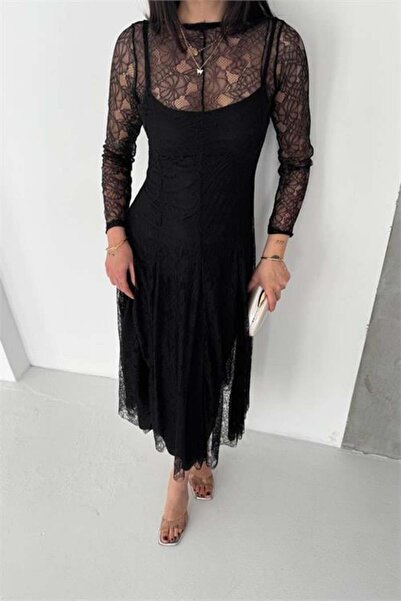 Dipmoda Women's Black Midi Length Sheer Detailed Lined Lace Dress Dpk080