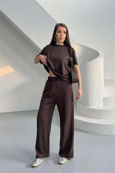 Dipmoda Women's Brown Stone Detailed Double Basic Set Dpg126