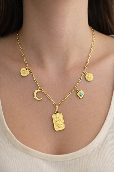 TAKIŞTIR Gold Color Chain Detail Mixed Charms Steel Necklace