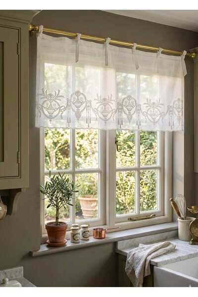 CASA NATURALE Farbela Keten grek tül üzerine süzene nakışlı farbela perder