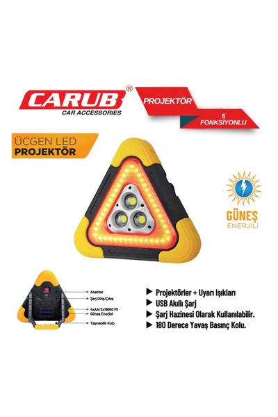 Genel Markalar Carub Reflektör Güneş Panelli Solarlı Şarjlı Üçgen Işıklı Traf...