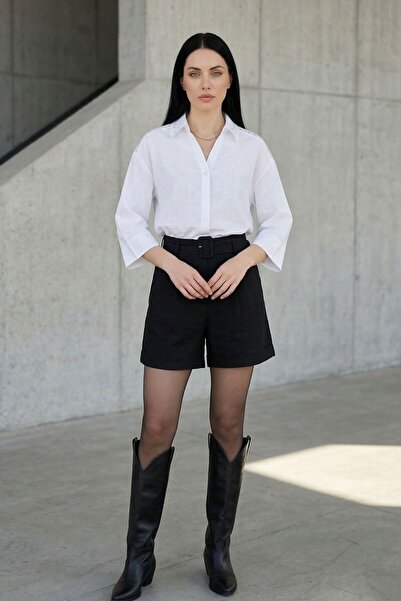 Lupinn Women's White Oversized Fit Eyelet Embroidery Collar Buttoned 3/4 Slee...