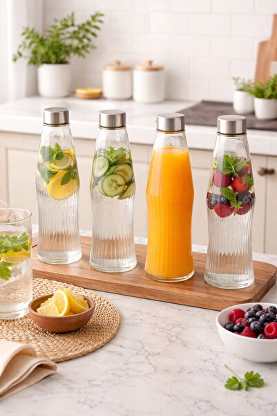 Dania ✨ Elegant glass bottle set with stainless steel lids – 4 pieces | Moder...