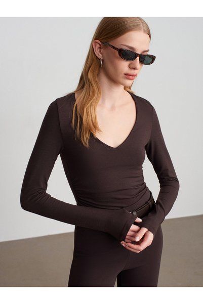 Dilvin 32780 V-Neck Gathered Top