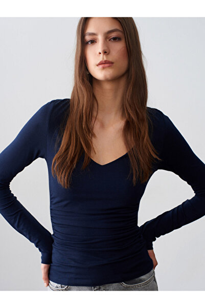 Dilvin 32780 V Yaka Büzgülü Top-K.Lacivert