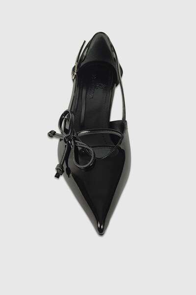 Modezya Pamela Black Patent Leather Side Bow Detail Women's Heeled Shoes