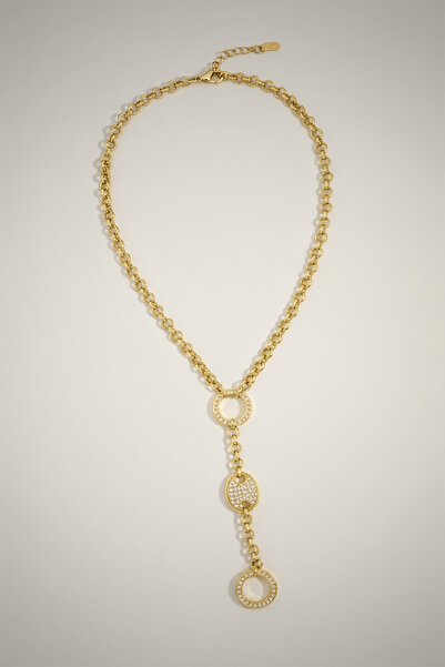 TAKIŞTIR Gold Color Chain Detail Ring Detail Steel Necklace