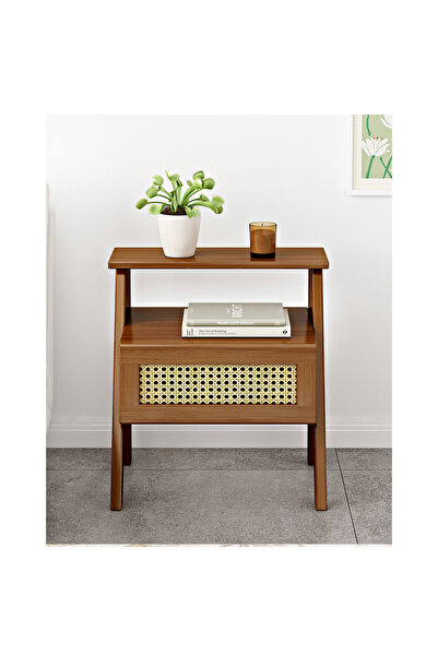 KEKE طاولة جانبية متينة وأنيقة للسرير مع درج ورف مفتوح، لون بني، 50 × 31 × 43 سم