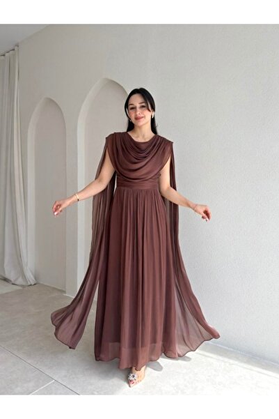 Dilek Vardar Brown Chiffon Cape Detailed Long Evening Dress