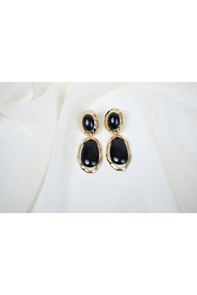 ATELİER TUĞBA Bkp105 Black Double Stone Hanging Earrings Black (Length 70 mm)