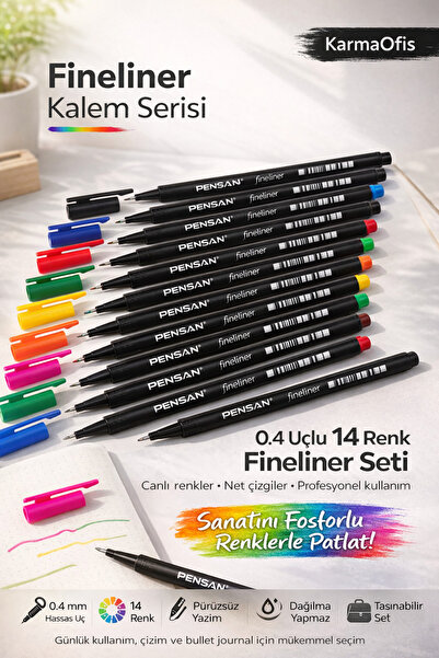 KarmaOfis 0.4 Uçlu 14 Renk Fineliner Kalem Seti | Not, Çizim ve Bullet Journa...