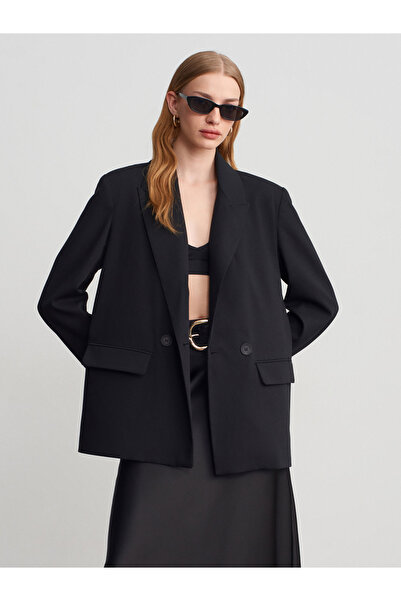 Dilvin 60791 Double-Breasted Oversized Blazer-Black