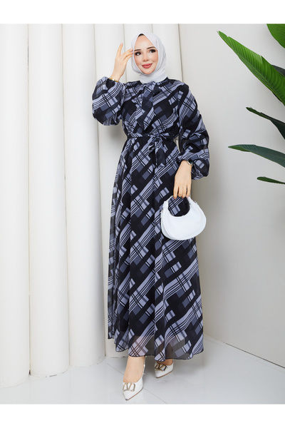 RACE FASHİON Halter Neck Tie-Detail Plaid Hijab Chiffon Dress Rc6049