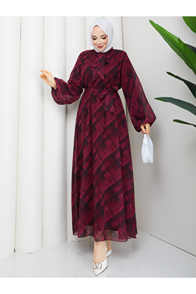 RACE FASHİON Halter Neck Tie-Detail Plaid Hijab Chiffon Dress Rc6049