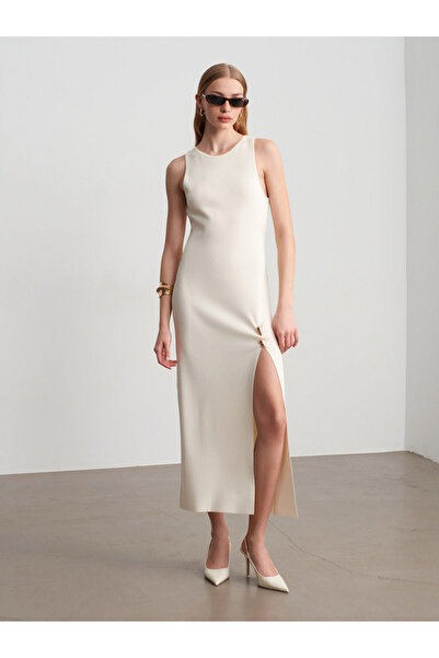 Dilvin 90255 Accessory Detail Slit Knit Dress -Ecru