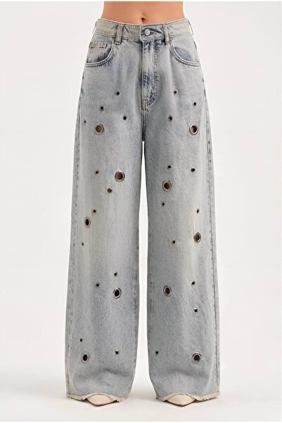 tw3 Γυναικείο τζιν παντελόνι Palazzo με λεπτομέρεια σχεδιασμού  "μάτι πουλιού...