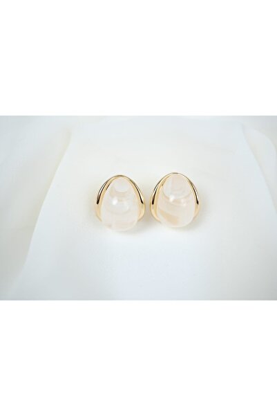 ATELİER TUĞBA Bkp099 Gold Color White Looking Oval Earrings (Diameter 18 mm)