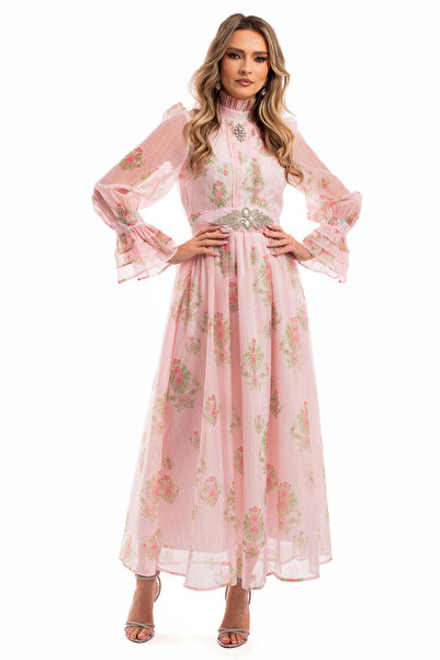 Miyu Evening Dress in Pink Organza with Rhinestones