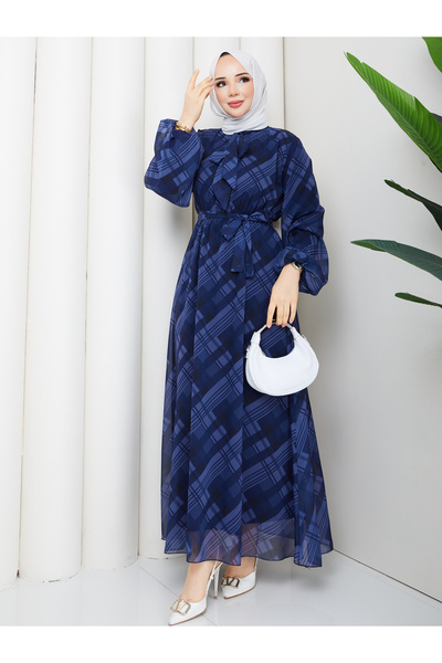RACE FASHİON Halter Neck Tie-Detail Plaid Hijab Chiffon Dress Rc6049