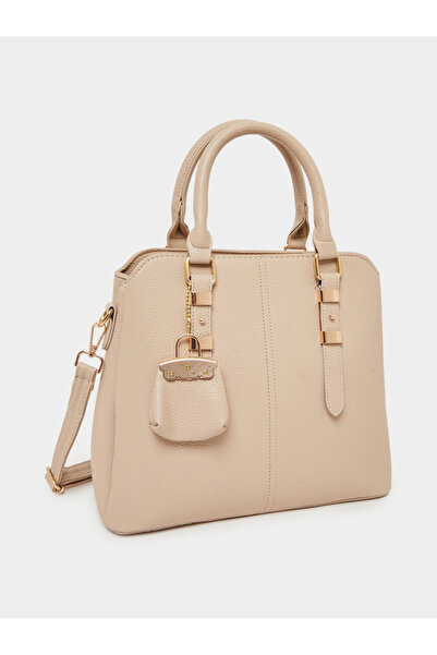 Styli Beige Structured Tote Bag with Charm Detail