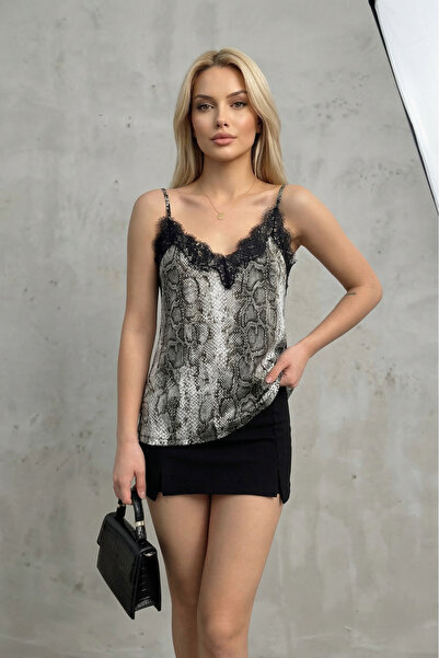 MELA ROSSA Bluză de damă, gri și neagră, cu model de șarpe, din dantelă, cu b...