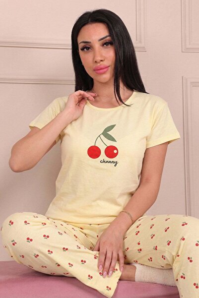 Niket Life Women's Cherry Patterned and Six Patterned Combed Cotton Pajama Set