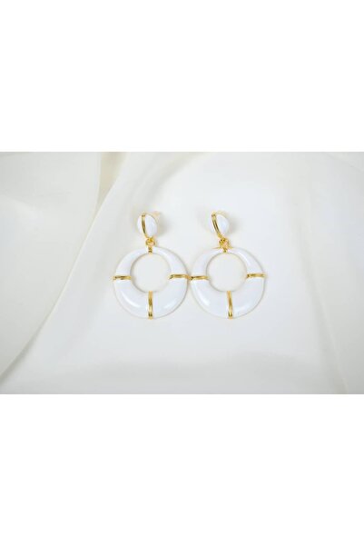 ATELİER TUĞBA Bkp106 White Ring Hanging Earrings (Length 50 mm)