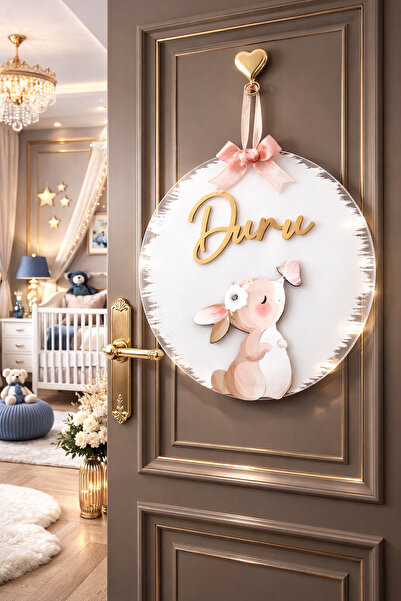 Güler Kaligrafi Kişiye Özel 30 cm Tavşan Figürlü Bebek Odası Kapı Süsü Pleksi...