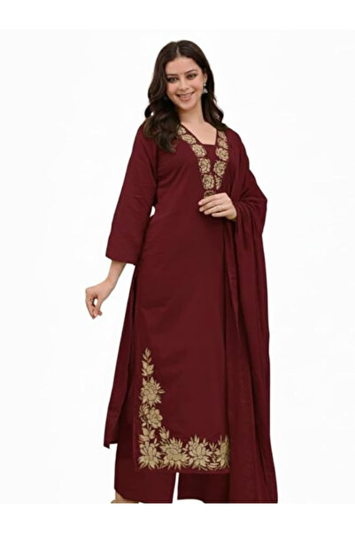 MYSMAR طقم من فيسكوز بلون عنابي مكون من بلوزة وبنطال وشال - ALV2131 - عنابي