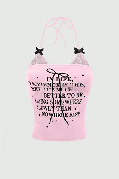 Gofeel Pembe Dantel Detaylı Siyah Fiyonklu İn Life Y2K Askılı Crop