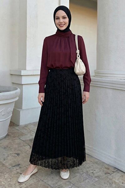 InStyle Pleated Floral Black Flocked Skirt