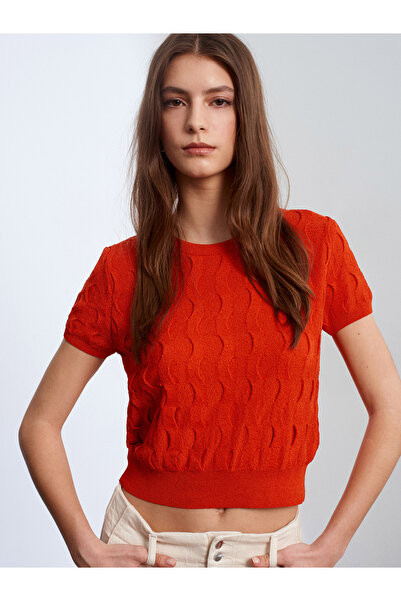 Dilvin 10788 Crew Neck Textured Knitwear Blouse-Orange