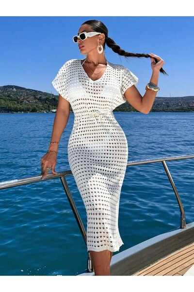 SHEZAN MODA Kadın Beyaz V Yaka Triko Midi Yazlık Plaj Elbise BB-2004704