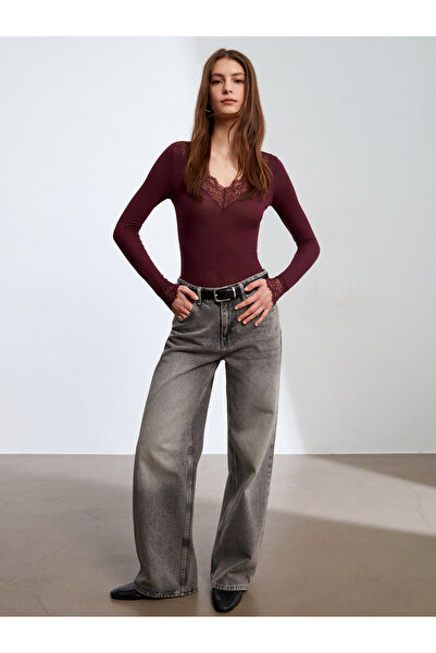 Dilvin 32311 Δαντέλα τεμάχια Κασμίρ Μπλούζα-Κόκκινο Δαμασκηνί