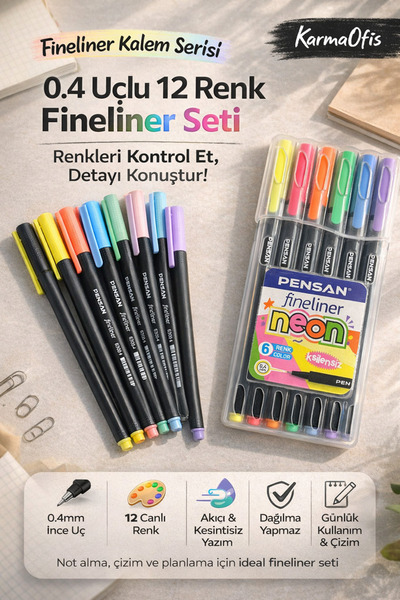 KarmaOfis 0.4 Tip 12 Color Fineliner Pen Set Neon & Pastel Pensan Fine Tip Dr...