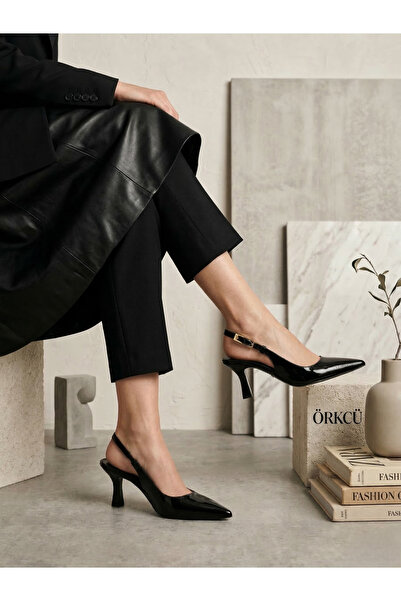 ÖRKCÜ Black Patent Leather Pointed Toe Heeled Slingback Shoes - Buckled Open ...