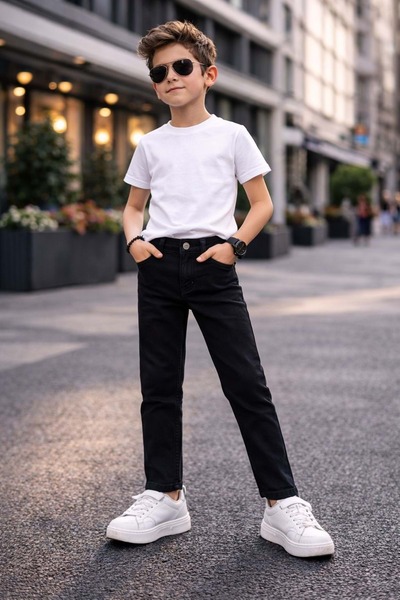 Lolliboomkids Pantaloni din denim pentru băieți material elastic negri, cu as...