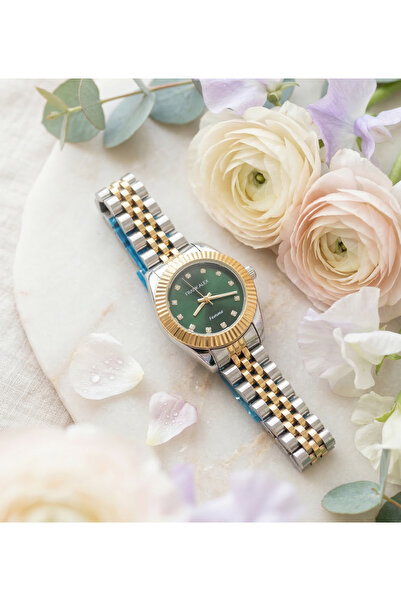 Frank Alex Kadın Kol Saati 20 mm Çelik Kordon Yeşil Kadran Taşlı Quartz Minim...