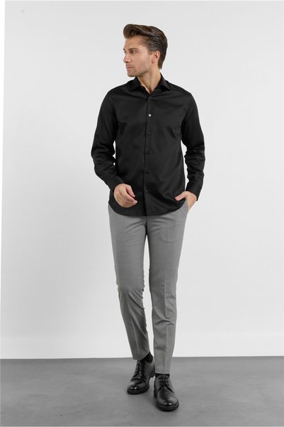 İmza Black Satin Italian Collar Long Sleeve Pocketless S Slim Fit 100% P Cott...