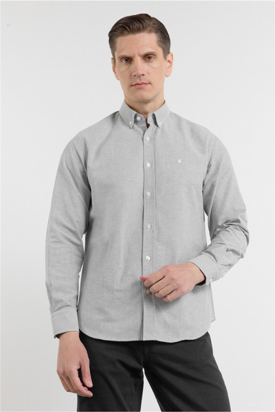 İmza Khaki Oxford Buttoned Collar Long Sleeve Pocketless Slim Fit Cotton Pack...