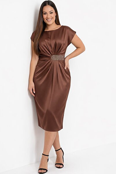 By Saygı Women's Draped Plus Size Satin Midi Dress with Stone Waistband