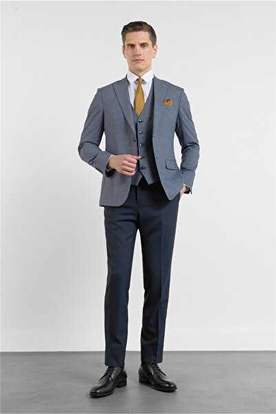 İmza Navy Blue Swallow Collar Houndstooth Pattern Slim Fit 6 Drop Suit 100125...