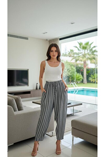 newmisal Women's Linen Fabric Striped Carrot Shalwar Pants